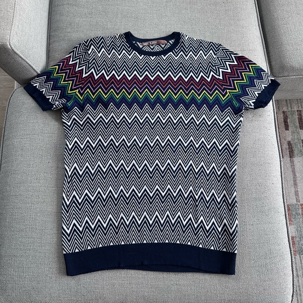 Mr. Turk Rainbow Navy White Chevron Pattern Short Sleeve Men's Knit Shirt